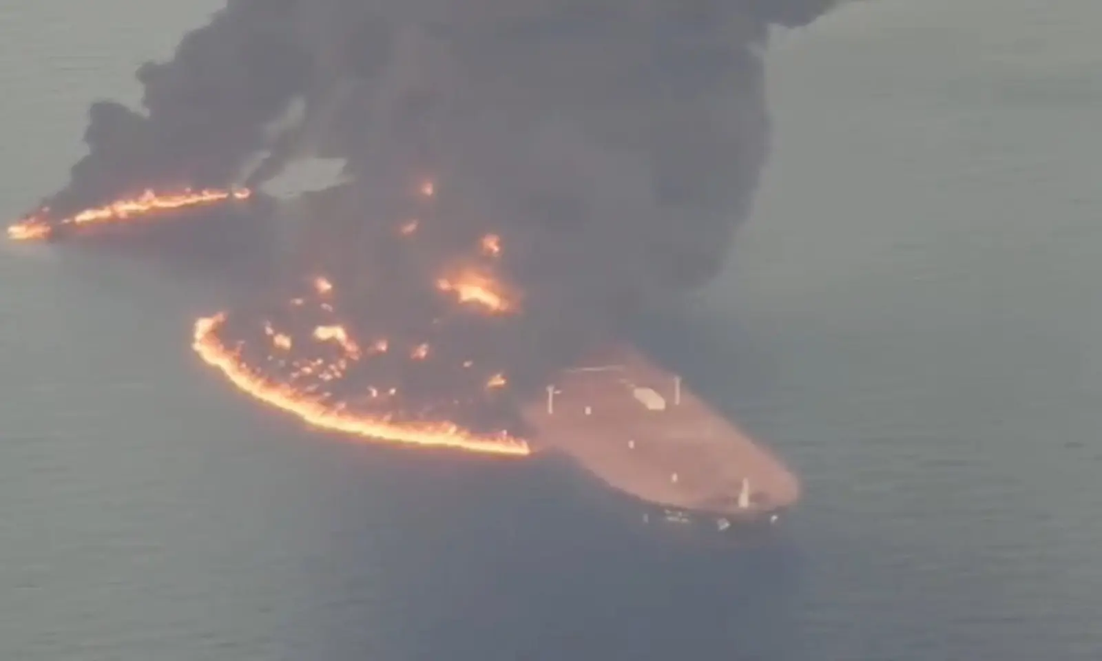 Footage released by IRIB and attributed to the IRGC shows oil tanker Gem No 2 ablaze, in this screengrab obtained from a video released on Oct 10, 2026. &mdash; Reuters/File