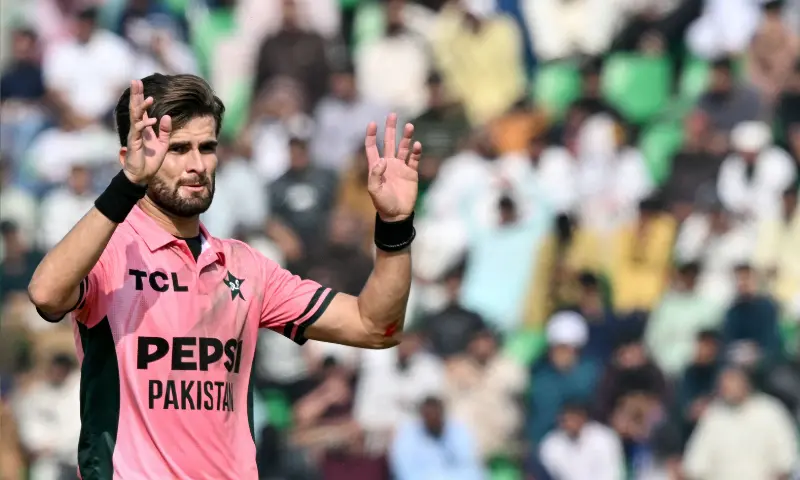 Pakistan captain Shaheen Shah Afridi gestures during the One-day International tri-series match against England at the Gaddafi Stadium in Lahore on October 25, 2026.--AFP
