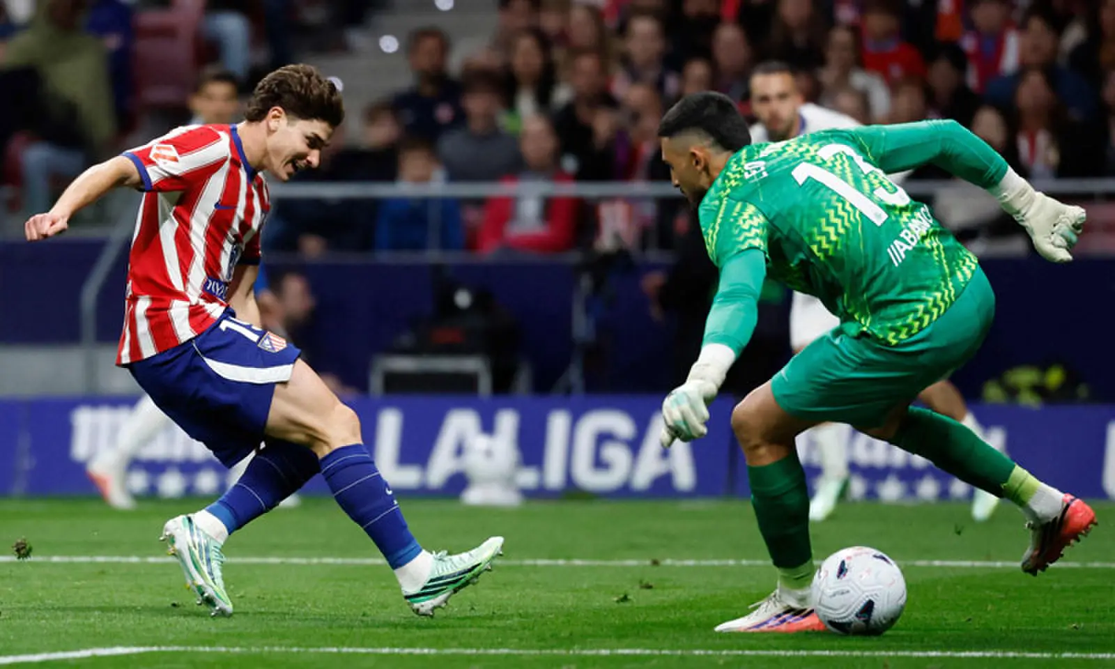 MADRID: Atletico Madrid&rsquo;s Julian Alvarez (L) attempts to score during the La Liga match against Deportivo La Coruna at the Metropolitano Stadium.&mdash;AFP