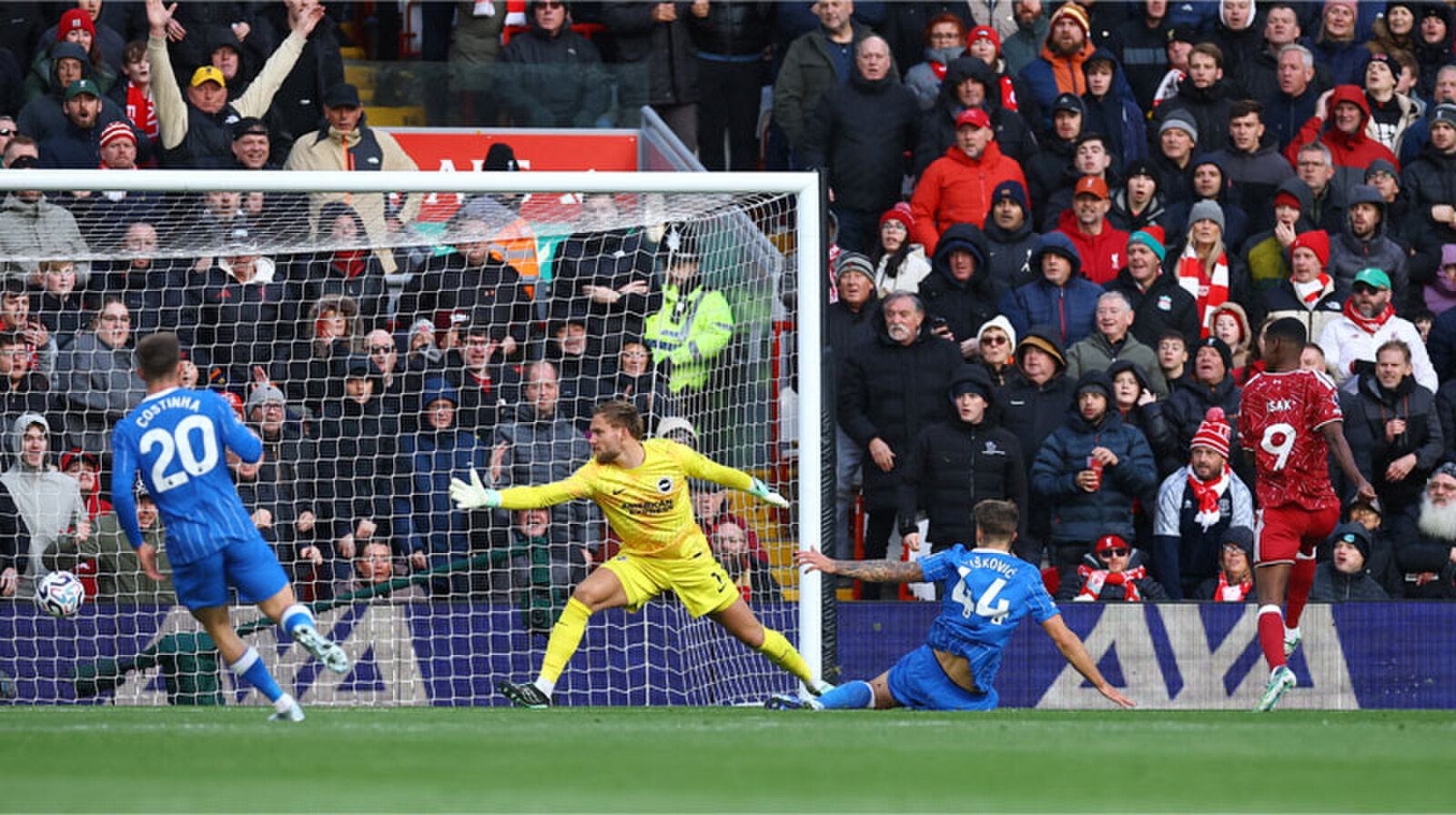 LIVERPOOL: Liverpool’s Alexander Isak (R) scores past Brighton and Hove Albion goalkeeper Bart Verbruggen during their Premier League match at Anfield on Sunday.—Reuters LIVERPOOL: Liverpool’s Alexander Isak (R) scores past Brighton and Hove Albion goalkeeper Bart Verbruggen during their Premier League match at Anfield on Sunday.—Reuters