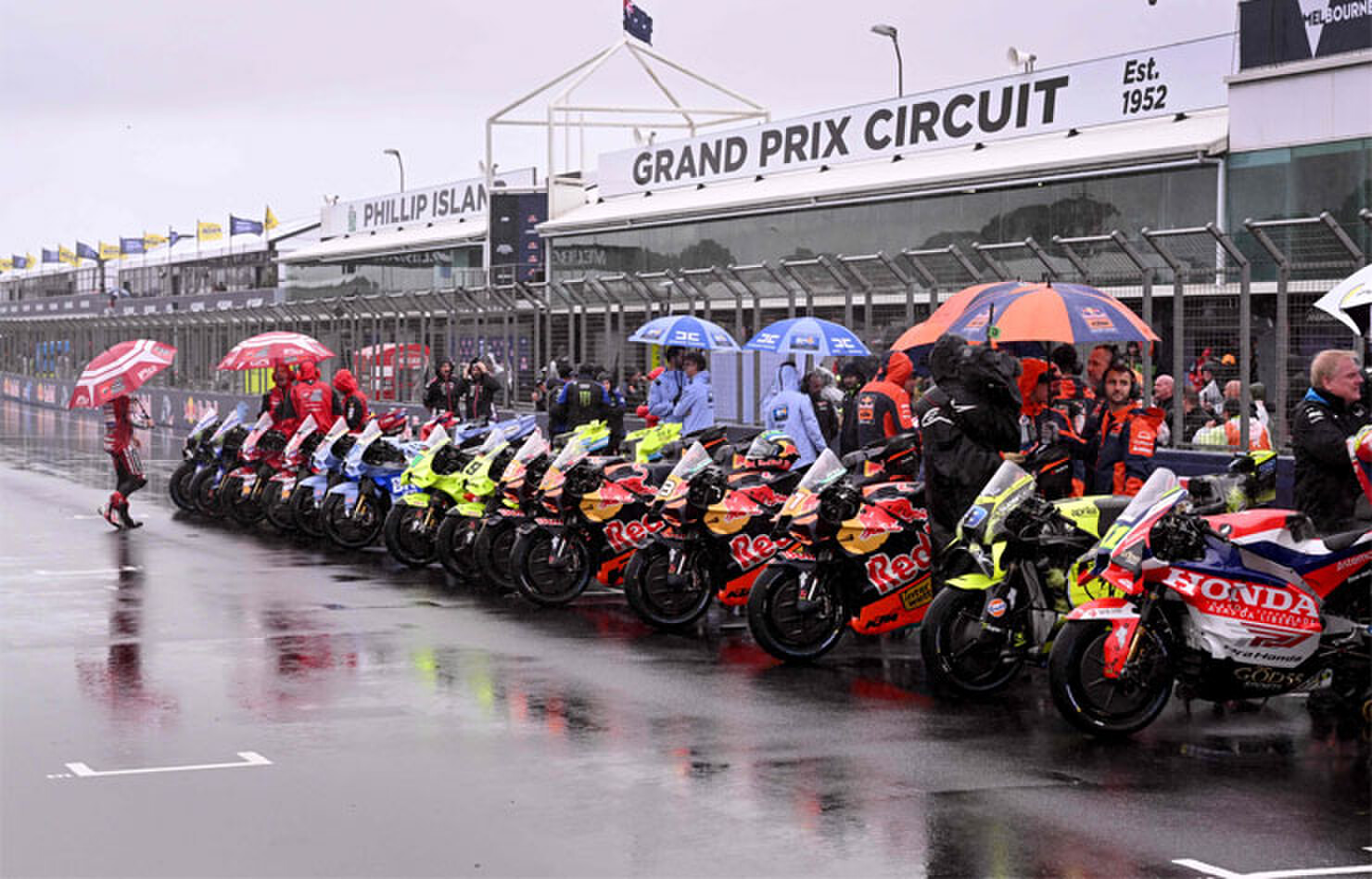 bikes are seen lined up after a farewell lap following the cancellation of the last Australian MotoGP Grand Prix on Sunday.&mdash;AFP