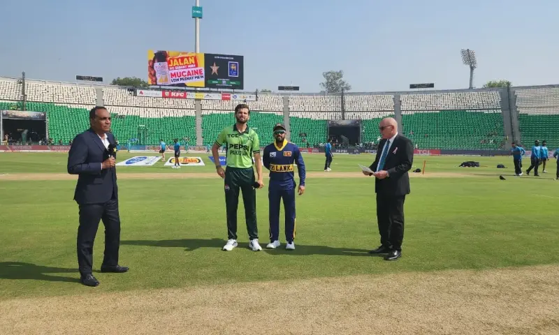 Pakistan and Sri Lanka captains Shaheen Afridi and Kusal Mendis at the toss before the fifth One-Day International match of the tri-nation series at the Gaddafi Stadium, Lahore on Tuesday, October 27, 2026.--Courtesy PCB Pakistan and Sri Lanka captains Shaheen Afridi and Kusal Mendis at the toss before the fifth One-Day International match of the tri-nation series at the Gaddafi Stadium, Lahore on Tuesday, October 27, 2026.--Courtesy PCB