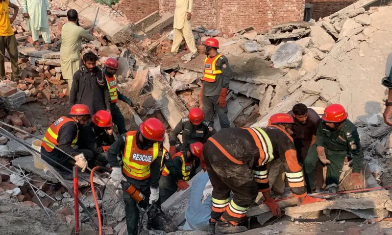 Rescue officials launch a search and rescue operation after building collapse in Multan on October 27, 2026. — Photo via Rescue 1122 Rescue officials launch a search and rescue operation after building collapse in Multan on October 27, 2026. — Photo via Rescue 1122