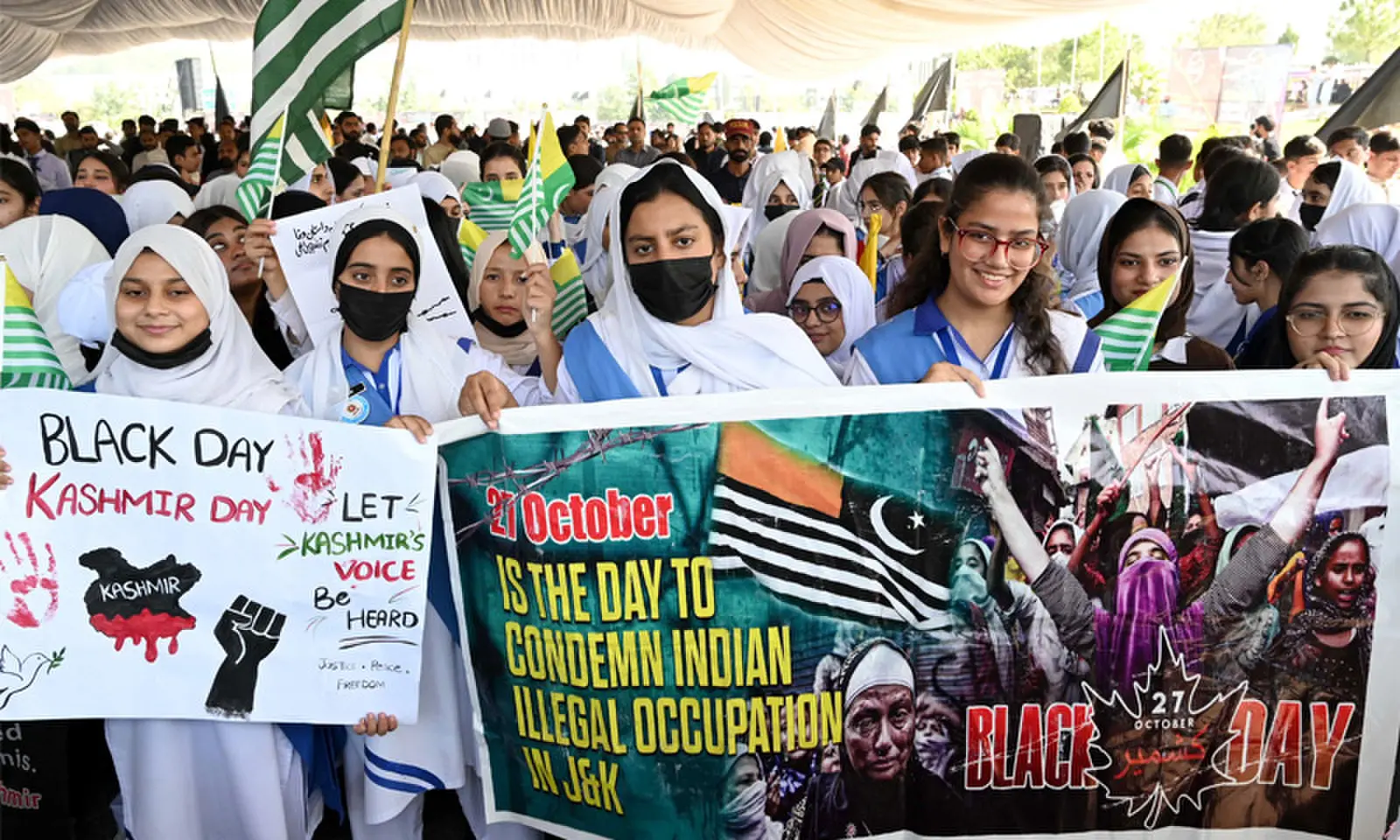 Students participate in a rally held in connection with Kashmir Black Day in Islamabad on Tuesday. — White Star Students participate in a rally held in connection with Kashmir Black Day in Islamabad on Tuesday. — White Star