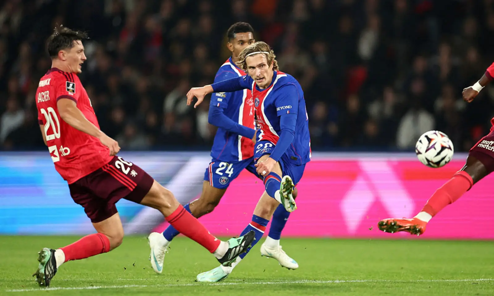 PSG’s Mika Godts shoots to score against Olympique Lyonnais during their Ligue 1 match at Parc des Princes.—Reuters PSG’s Mika Godts shoots to score against Olympique Lyonnais during their Ligue 1 match at Parc des Princes.—Reuters
