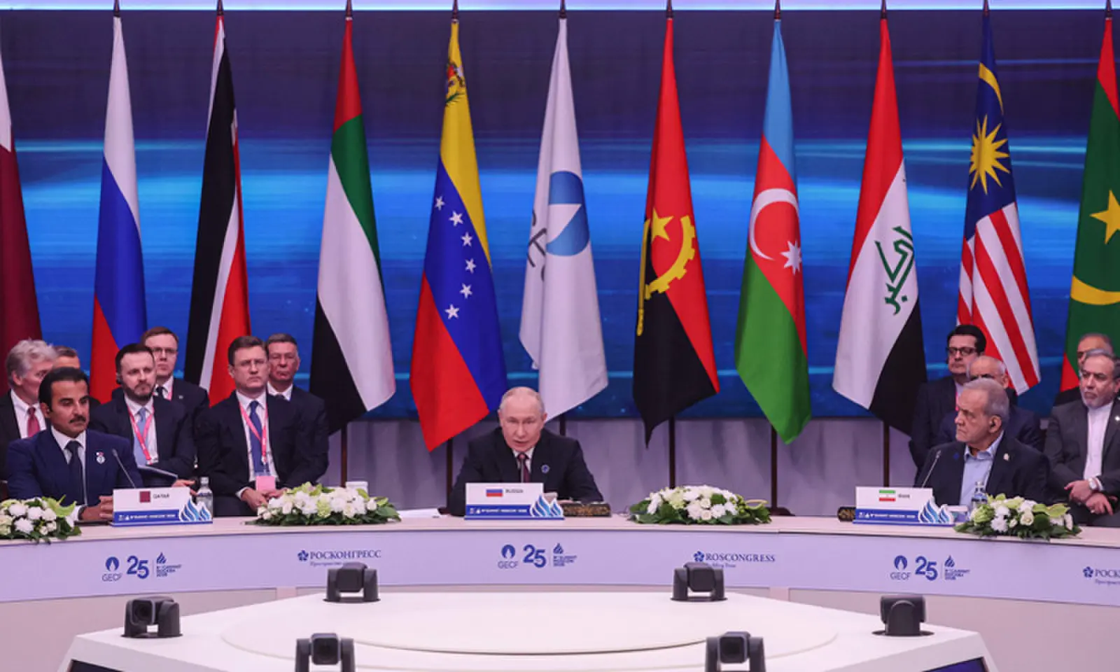 MOSCOW: Qatar&rsquo;s Emir Sheikh Tamim bin Hamad al-Thani and Iranian President Masoud Pezeshkian look on as Russian President Vladimir Putin speaks during a summit of gas exporting countries. The Iranian leader told Putin on the sidelines of the summit the Middle East was capable of resolving problems in the region without relying on the United States.&mdash;AFP