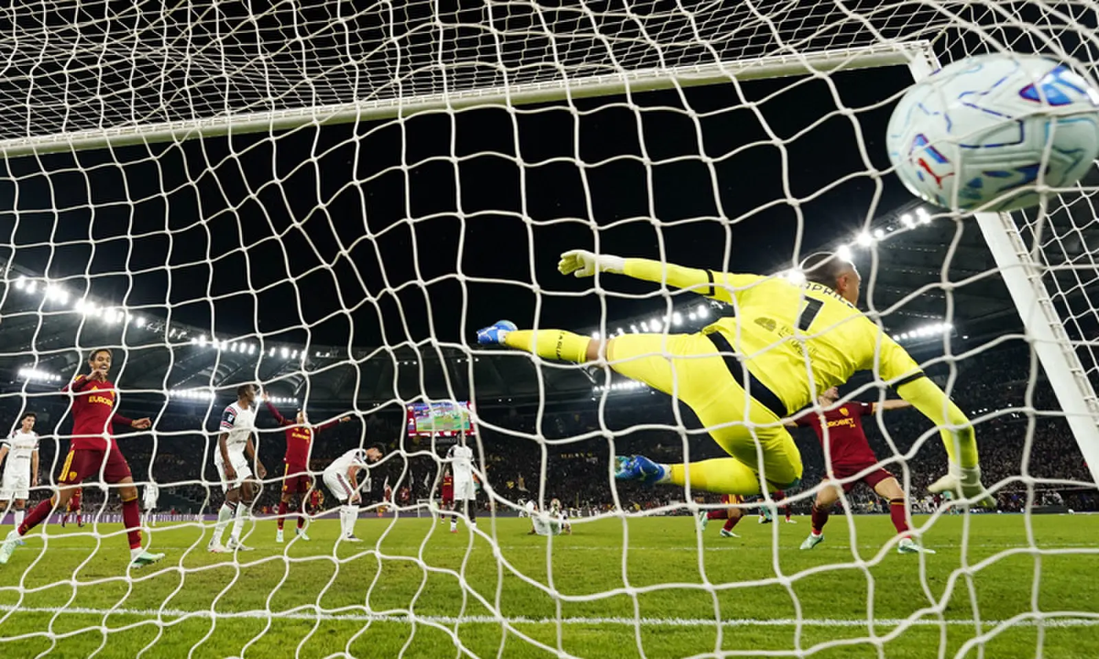 ROME: Cagliari goalkeeper Elia Caprile fails to save a shot by AS Roma’s Rodrigo Mora during their Serie A match at Stadio Olimpico.—Reuters ROME: Cagliari goalkeeper Elia Caprile fails to save a shot by AS Roma’s Rodrigo Mora during their Serie A match at Stadio Olimpico.—Reuters