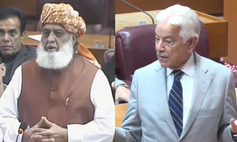 A collage of Jamiat Ulema-i-Islam-Fazl (JUI-F) chief Maulana Fazlur Rehman and Defence Minister Khawaja Asif. — Screenshot from PTV/ YouTube A collage of Jamiat Ulema-i-Islam-Fazl (JUI-F) chief Maulana Fazlur Rehman and Defence Minister Khawaja Asif. — Screenshot from PTV/ YouTube