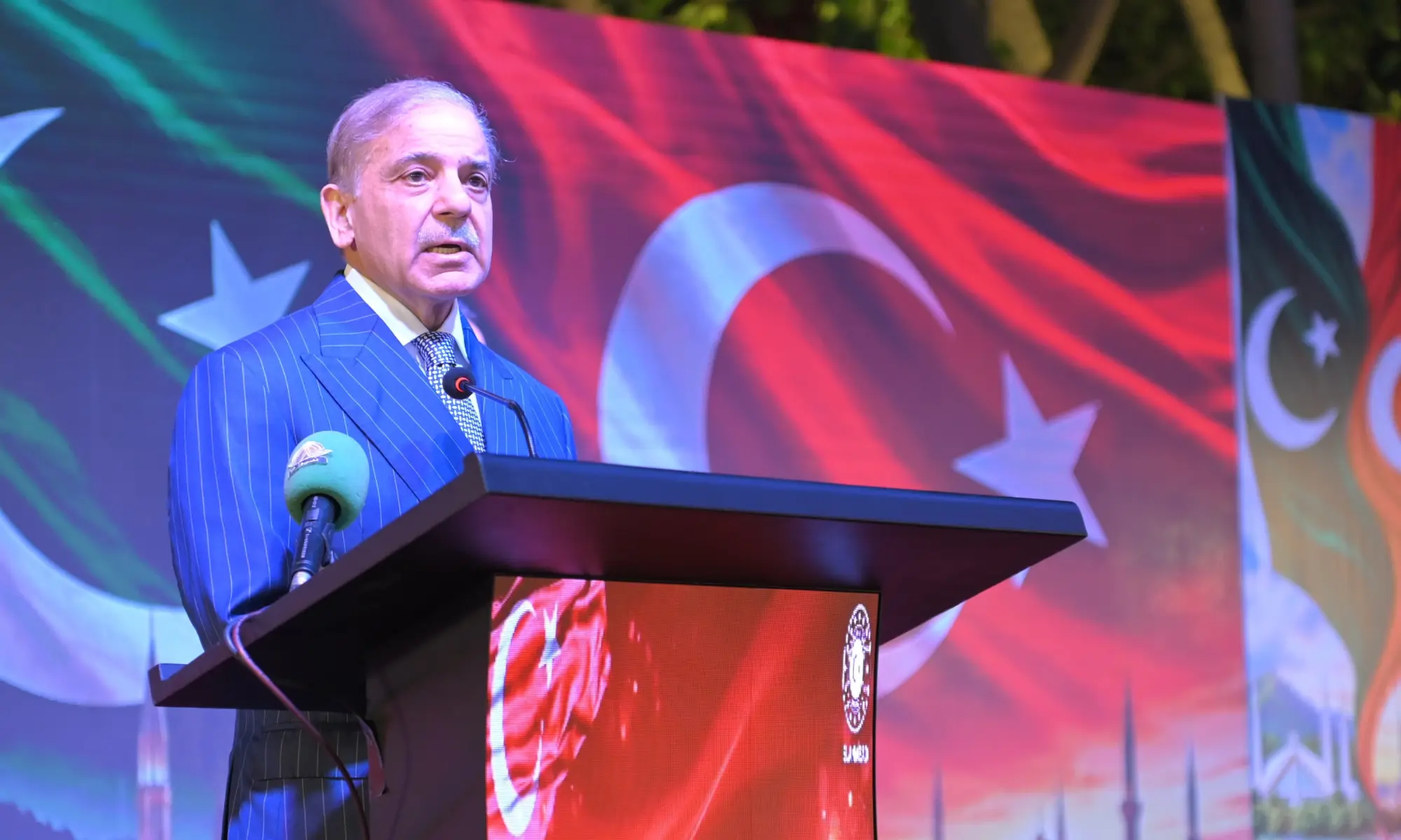 Prime Minister Shehbaz Sharif addresses an event commemorating the 103rd National Day of Turkiye in Islamabad on Oct 29, 2026. &mdash; X/PakPMO