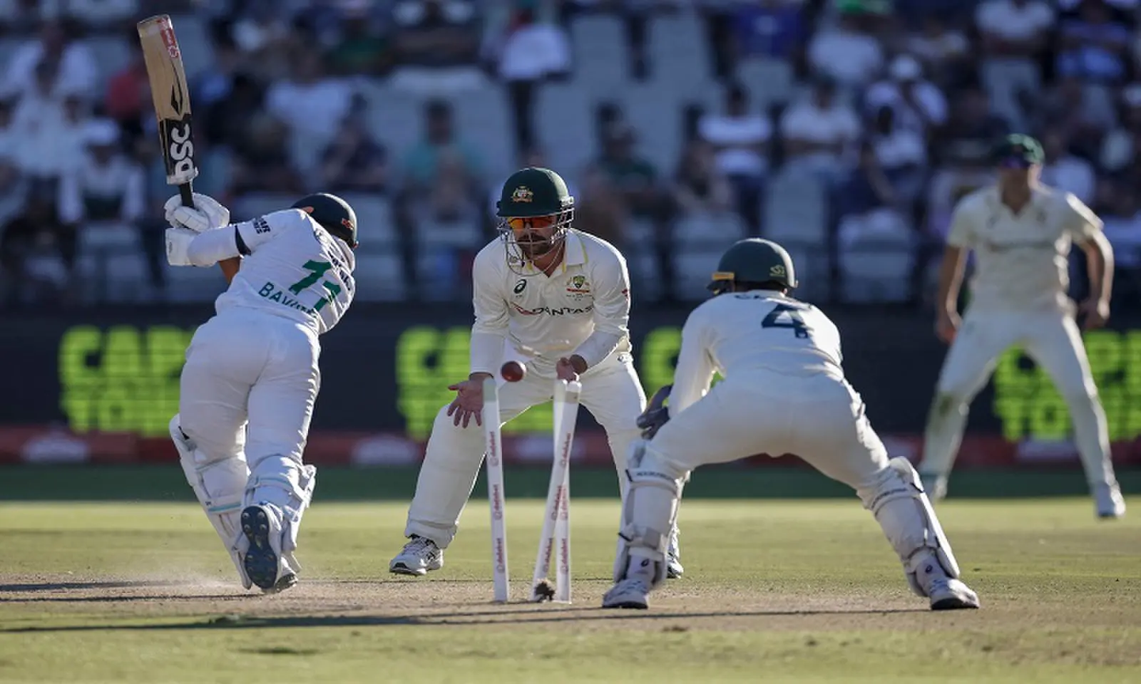 South African captain Temba Bavuma is cleaned up by Australian spinner Nathan Lyon during the third Test at Newlands Stadium in Cape Town, South Africa, on October 29, 2026. —AFP South African captain Temba Bavuma is cleaned up by Australian spinner Nathan Lyon during the third Test at Newlands Stadium in Cape Town, South Africa, on October 29, 2026. —AFP