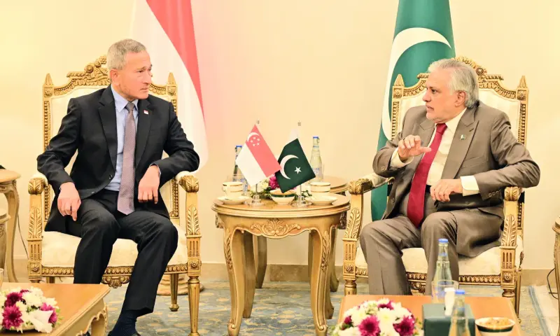 Deputy Prime Minister and Foreign Minister Ishaq Dar holds talks with Singaporean Foreign Minister Vivian Balakrishnan at the Ministry of Foreign Affairs in Islamabad on Oct 30. — MoFA/X Deputy Prime Minister and Foreign Minister Ishaq Dar holds talks with Singaporean Foreign Minister Vivian Balakrishnan at the Ministry of Foreign Affairs in Islamabad on Oct 30. — MoFA/X
