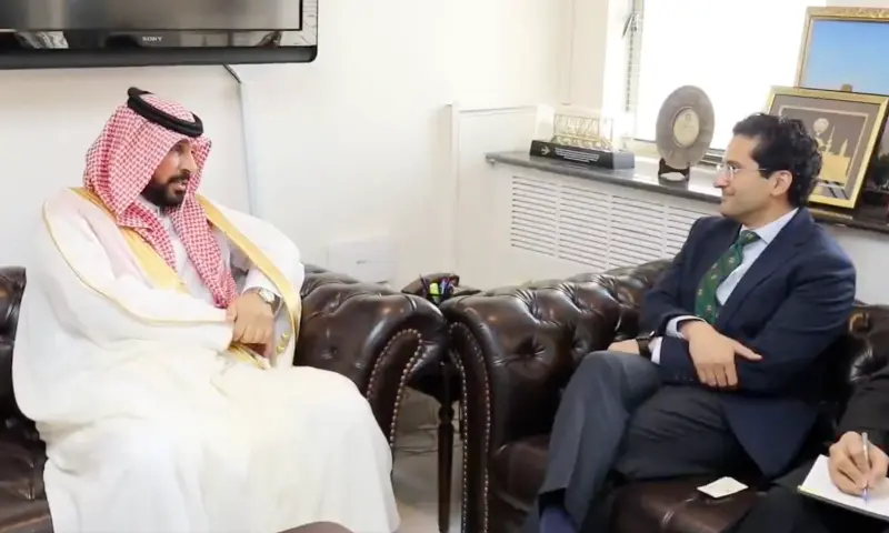 Petroleum Minister Ali Pervaiz Malik (R) meets Saudi ambassador to Pakistan Dr Rajeh bin Tami Al-Baqami (L) on Oct 30, 2026. &mdash; Screengrab via X/@Official_PetDiv