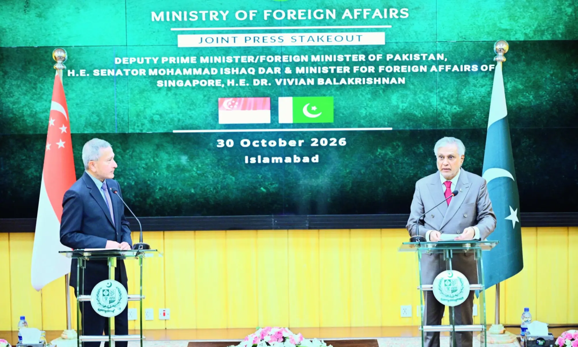 Deputy Prime Minister and Foreign Minister Ishaq Dar addresses a press conference with Singaporean Foreign Minister Vivian Balakrishnan at the Ministry of Foreign Affairs in Islamabad on Oct 30. — Photo courtesy @ForeignOfficePk/X Deputy Prime Minister and Foreign Minister Ishaq Dar addresses a press conference with Singaporean Foreign Minister Vivian Balakrishnan at the Ministry of Foreign Affairs in Islamabad on Oct 30. — Photo courtesy @ForeignOfficePk/X