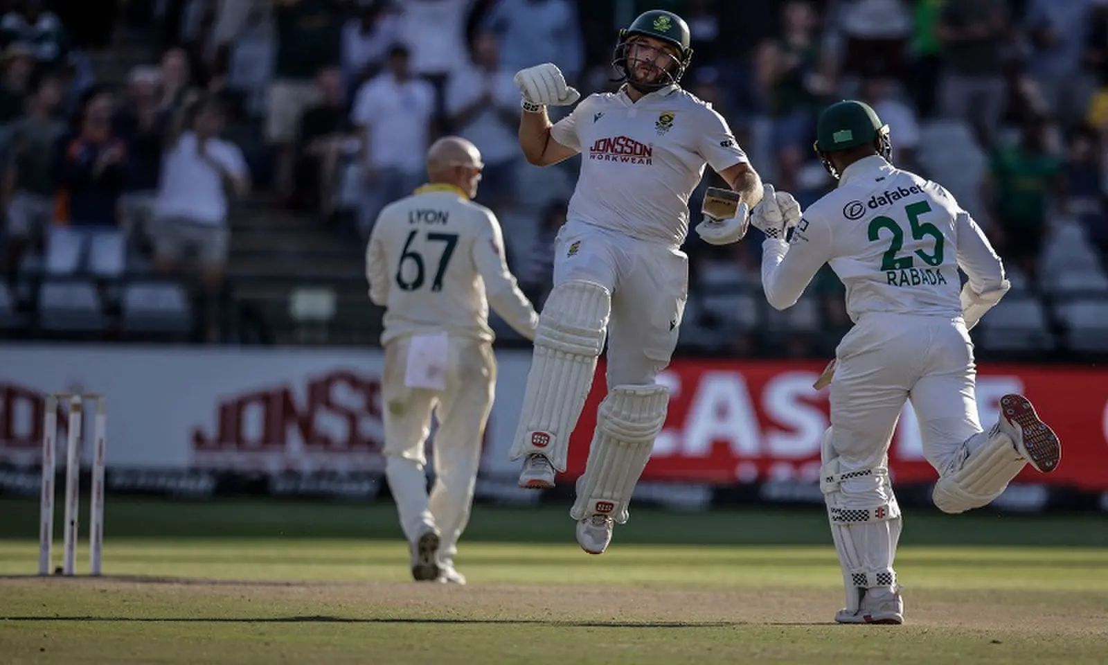 South African batter Wiaan Mulder jumps to celebrate after scoring a century against Australia during the third Test at the Newlands Stadium in Cape Town, South Africa, on October 30, 2026. —AFP South African batter Wiaan Mulder jumps to celebrate after scoring a century against Australia during the third Test at the Newlands Stadium in Cape Town, South Africa, on October 30, 2026. —AFP