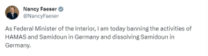 German minister announces complete ban on Hamas activities