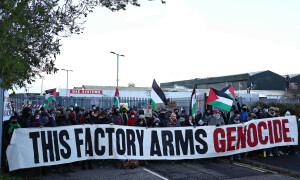 Protesters in UK call end to arms sales to Israel outside factory
