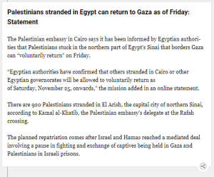 Palestinians stranded in Egypt can return to Gaza as of Friday: statement