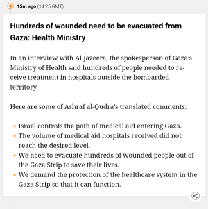Hundreds of wounded need to be evacuated from Gaza: health ministry