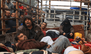 Blood-splattered floor of Gaza&rsquo;s Nasser hospital full with wounded Palestinians