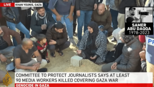 Journalists mourn at the funeral of Al Jazeera&rsquo;s Samer Abudaqa in Gaza