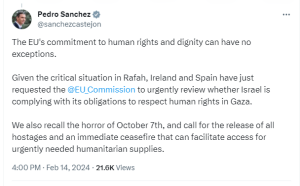 Spain, Ireland seek EU probe into whether Israel is complying with human rights obligations