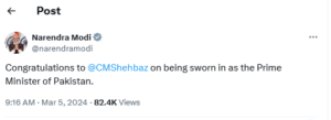 بھارتی وزیراعظم نریندر مودی کی شہباز شریف کو وزارت عظمیٰ کا حلف اٹھانے پر مبارکباد