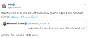 PTI calls for countrywide &lsquo;peaceful but strong&rsquo; protests on Sunday against alleged poll rigging