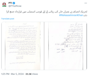 PTI submits resolution in NA demanding release of Imran, other party leaders