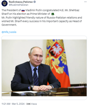 Russia&rsquo;s Putin felicitates Shehbaz on his election as Pakistan&rsquo;s premier