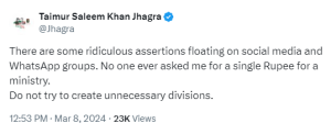 &lsquo;No one ever asked me for a single rupee for ministry&rsquo;: PTI&rsquo;s Taimur Jhagra