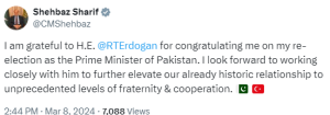 PM Shehbaz expresses gratitude to Turkiye&rsquo;s Erdogan on election greeting
