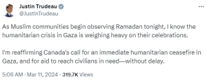 Canada&rsquo;s Trudeau reiterates call for &lsquo;immediate humanitarian ceasefire&rsquo; in Gaza