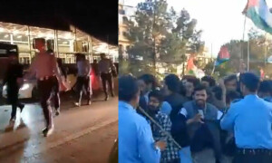 اسلام آباد میں غزہ بچاؤ مارچ، پولیس کی سابق سینیٹر مشتاق احمد کو گرفتار کرنے کی کوشش