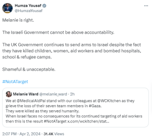 &lsquo;Shameful&rsquo; that UK continues sending arms to Israel: Scotland&rsquo;s Humza Yousaf