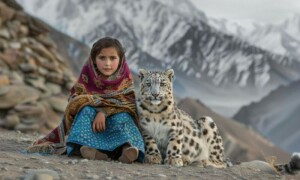 برفانی چیتے کے ساتھ بیٹھی بچی کی تصویر وائرل