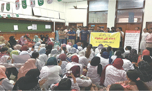 Young Abbasi Shaheed Hospital doctors in Karachi protest against non-payment of salary