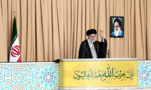Iran&rsquo;s Khamenei has rifle by side for rare sermon after Iran&rsquo;s missile attack on Israel