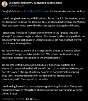 Ukraine&rsquo;s Zelensky congratulates Trump on election win