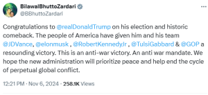 Bilawal congratulates Trump on &lsquo;anti-war victory&rsquo;