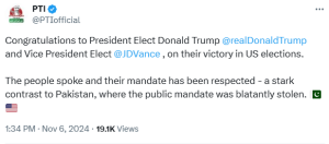 &lsquo;Mandate respected&rsquo;: PTI makes comparison to Pakistan in victory greeting to Trump