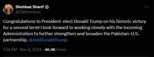 PM Shehbaz congratulates Trump on &lsquo;historic&rsquo; election win