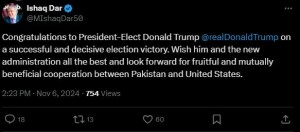 Deputy PM Ishaq Dar congratulates Donald Trump on US election victory