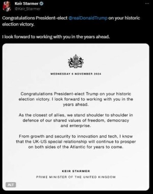 UK PM Keir Starmer congratulates Donald Trump on election victory