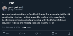 Jordan king congratulates Trump, hopes for peace and stability