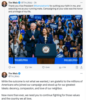 Tim Walz thanks Harris, urges supporters to &lsquo;continue fighting&rsquo;