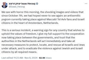 Israel president says Amsterdam clash reminiscent of October 7