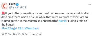 Israeli forces used team as &lsquo;human shields&rsquo; during West Bank raid: Palestine Red Crescent