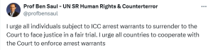 UN rapporteur urges people sought by International Criminal Court arrest warrants to &lsquo;surrender&rsquo; to face trial, justice