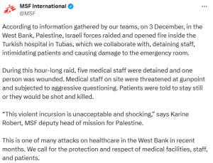 Doctors Without Borders says Israel opened fire inside Turkish hospital in West Bank