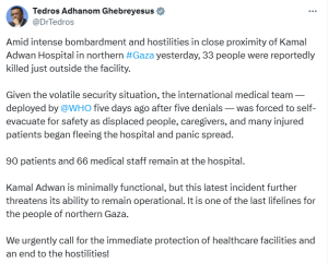 International team forced to leave Kamal Adwan Hospital due to Israeli bombing: WHO